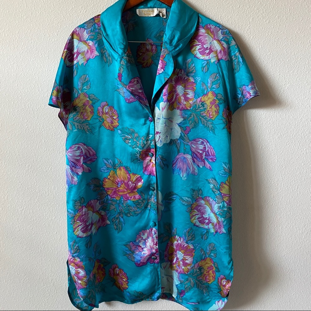 Victoria's Secret Turquoise Floral Satin Short-Sleeve Robe